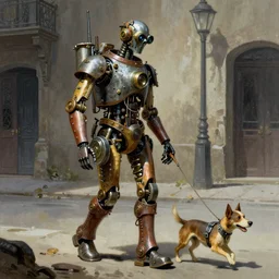 steampunk robot walking his dog on the street in the style of frank frazetta