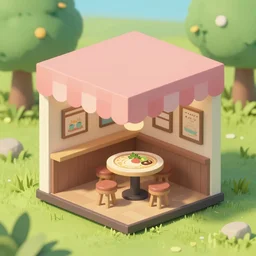 outside view of miniature classy ramen shop with table and stools, situated in a park, studio ghibli style, hayao miyazaki drawings, clean, low poly art, detailed, isometric view, artstation, behance, global illumination, 3 d illustration, kawaii, pastel colors