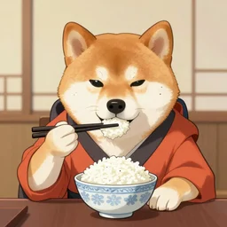 a shiba-inu-samurai eating a bowl of rice, d&d concept art, incredible colors, heckin cool pupper