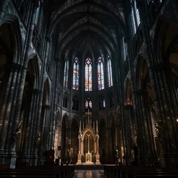 interior of a dark black demonic haunted cathedral
