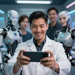 A selfie of a latino scientist guy with some cyborg clients behind him smiling at the cellphone. Cyberpunk style. 4K ultra hd, super detailed, octane render, portrait photo.