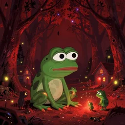 resolution 4k hyper realistic pepe the frog dead of night pepe frog cool colors made in abyss design Akihito Tsukushi dream like storybooks at night fire flies luminous red dead 2 dream like ethereal esoteric pepe the frog family village , dark, red woods Canopy , unnerving , disheartening , lonely , sad ,Luminism, prismatic , fractals , pepe the frog , art in the style of Akihito Tsukushi