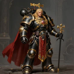 a tall and imposing Warhammer 40k paladin in black and gold armor, long red cape, glorious LONG BLOND hair, by Ivan Aivakovsky, by Boris Vallejo, epic fantasy character art, D&D Concept Art, full length, Realistic, Regal, Refined, Detailed Digital Art, Oil Paining, Exquisite detail, post-processing, masterpiece, Cinematic Lighting, Unreal Engine, 8k, HD