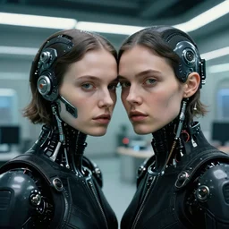 cinestill 5 0 d photographic portrait by helen levitt of two loving female cyborgs wearing black techwear in a retrofuturist liminal office, extreme closeup, modern cyberpunk, garden terraces, 8 k, hd, high resolution, 3 5 mm, f / 3 2, ultra realistic faces, intricate detail, ex machina