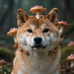 shiba inu with mushrooms growing out of it's face. Very detailed 8k. Fantasy cyberpunk horror. Sharp. Cinematic post-processing