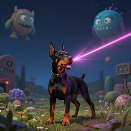 a dobermann puppy shooting lasers at a sky monster, trending on artstation