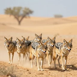 snarling pack of coyotes in the desert, digital art