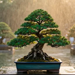photo bonsai cedar on a emerald marmalade in the water, gold hour, soft lighting, rain, medium full shot, volumetric lighting, beautiful, ultra detailed, 3 5 mm, fujifilm, cinematic