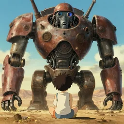 backview film still of a kid looking to a steampunk monumental giant rusty robot sit the ground, sun light, finely detailed features, extreme closeup at the face, cinematic shot, desert, gapmoe yandere grimdark, trending on pixiv fanbox, painted by greg rutkowski makoto shinkai takashi takeuchi studio ghibli, akihiko yoshida, artstation
