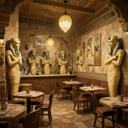 interior of an ancient egyptian cafe at night with mummies and egyptian art, fantasy, detailed, high quality, trending on artstation, digital art