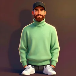a young man with a chin - style brown beard without mustache in a black cap, a light green turtleneck sweater and a white sneakers, in full height, smile face, unreal engine, digital painting, vivid colors, vibrant colors, sharp focus illustration, artstation hq. intricate, elegant, medium shot, art by wlop