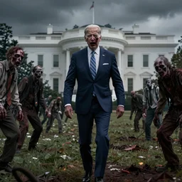president joe biden as a horrific zombie, white house full of zombies