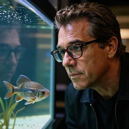 stunning potrait photo of ray romano with glasses, looking at catfish in an aquarium, 3 5 mm lens