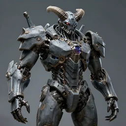 Techno-God is an ancient mechanical gray giant horned humanoid, digital art, 8k, hyperrealism, high detail, ray tracing, concept art, octane render