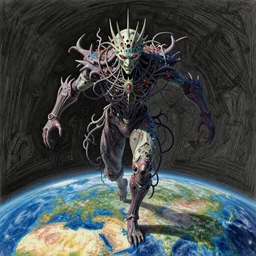 cinematic, hyperdetailed, symmetrical, 3 d point pencil drawing of a incommensurate entity, the enigmatic king of entropy at the end of everything, approaches slowly menacingly to earth, lovecraftian, unreal 5, octane, hyperrealism, dark fantasy, catalogue raisonne, autodesk maya, 8 k, saturated colors, colourful, photoshopped, by wayne barlow and zdzisław beksinski