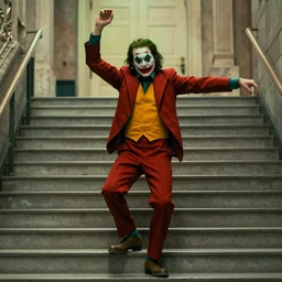 joker dancing on the stairs, cinematic still from joker ( 2 0 1 9 ) by todd phillips,
