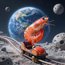 A dancing shrimp riding a rollercoaster on the moon with the earth in the background, unreal 5, DAZ, hyperrealistic, octane render, dynamic lighting