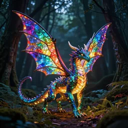 brightly lit fairy dragon with stained glass wings in a dim dark forest colorful 4 k path traced high definition detailed artstation realistic trending dramatic lighting high contrast neon