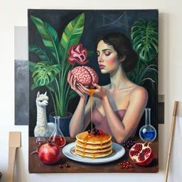 dark apartment of an art student, sensual portrait of an artist holding a brain, tropical houseplants, honey dripping, berries dripping juice, pancakes, pomegranate, berries, alpaca sculpture, octopus, scientific glassware, neo - expressionism, surrealism, acrylic and spray paint and oilstick on canvas