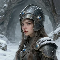 a young female humanoid with a large head wearing a helmet in a snowy desolte cave, digital illustration, very detailed, art by daniel oldenburg, post - communist era, fantasy art, high quality, intricate, elegant