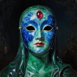 a portrait of a liquid porcelain sapphire malachite ruby model with a magical mask. night time. deep reflective green blue tones. renaissance masterpiece. highly detailed sci - fi fantasy painting by norman rockwell, frank frazetta, johfra bosschart, and syd mead. rich colors, high contrast, dark background. artstation