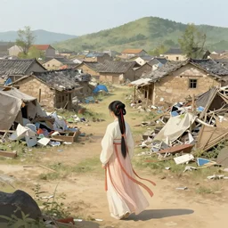 a beautiful picture of some waste village, a girl in hanfu, by greg rutkowski and thomas kinkade, trending on artstation