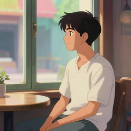 a male teenager sitting on a cafe and looking to a window, artgerm, anime style, pixar and disney style, path traced, color painting, anatomically correct, cinematic, high coherence, highly detailed, high quality, serene scene, colorful, symmetrical, beautiful, elegant, short black hair, vintage, realistic and detailed face