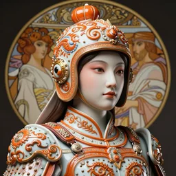 head and shoulders portrait of a d & d ranger with her porcelain armor, chinese kangxi orange and white, volumetric lighting, fantasy, intricate, elegant, lifelike, photorealistic, artstation, concept art, sharp focus, by john collier and albert aublet and krenz cushart and artem demura and alphonse mucha
