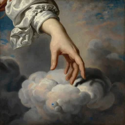 a painting of a hand descending from the clouds demand payment for daily existence, in the style of a beautiful neoclassical rococo painting