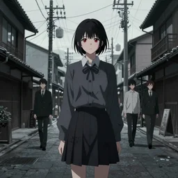 girl stands in a japanese street - poster by wlop, kiyohara tama, krenz cushart, masamune shirow, makoto shinkai, yanjun cheng. featured on pixiv, anime aesthetic, pixiv, anime, cold tones, artstation, power lines, vanitas, official art, gothic dark. noise film photo - up portrait
