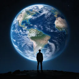 4K ultra HD detailed award-winning wallpaper silhouette of lonely man standing looking at Earth from far away huge vast sky universe
