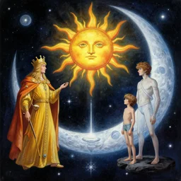 sun king and moon boys in the cosmic court of mystical astronomy, art by boris vallejo and manuel sanjulian