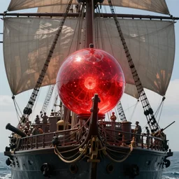 a red glowing orb flies from deck of an old warship with sails, unreal engine, octane render, style of midjourney, highly detailed, elegant, digital illustration, detailed, intricate, sharp focus, digital painting, deep focus, artstation, art by artgerm and greg rutkowski