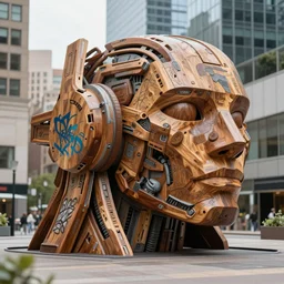 massive futuristic graffiti sculpture made of mahogany, in a city square, depth of field, XF IQ4, 150MP, 50mm, F1.4, ISO 200, 1/160s, natural light