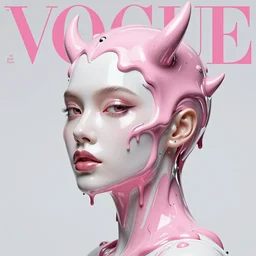 beautiful woman head made of melting metal, pink and white, paint melting, vogue cover style, greg rutkowski style, demonic style, artgerm style, basquiat style