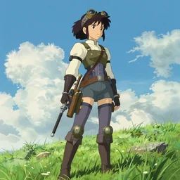 girl with steampunk weapons and uniform, serious, finely detailed, made by wlop, studio ghibli, artgerm, full body portrait, illustration, grass, sunny, sky, anime, side view, perfect anime face, detailed face, zoomed out, smooth,