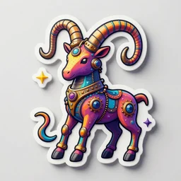 stickersrt of a multicolored steampunk aries zodiac sign, 3 d render, crisp, trippy, 8 k, fluorescent colors, insanely integrate