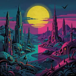 a bleak dystopian world, divided down the middle by gustave dore, vivid synthwave colours