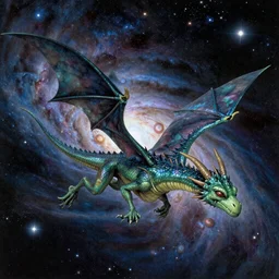an alien dragon flying in outer space, epic nebula, style of Moebius
