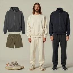 a full body lookbook portrait of modern - day jesus wearing cream yeezy and fear of god menswear collection by nicola samori, detailed, oil painting, hyper - realistic, 8 k, yeezy collection