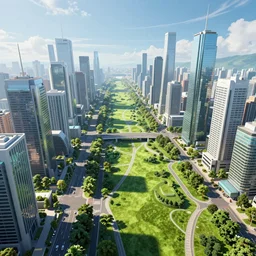 a futuristic cityscape by bruno mangyoku, colorful, wide greenways