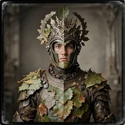 old tintype portrait of a realistic complete armour made of leaves, dramatic light, dystopian environment, intricate, elegant, highly detailed, centered headdress, artstation, sharp focus, artgerm, tomasz alen kopera, peter mohrbacher, donato giancola, joseph christian leyendecker, wlop, boris vallejo, frank frazetta