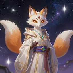 a painted avatar portrait of an awesome cosmic powerful anthropomorphic kitsune fox mage themed around life and death and the stars and the cosmos and dressed in elegant elven mage robes, in the style of dnd beyond avatar portraits, beautiful, artistic, elegant, lens flare, magical, lens flare, nature, realism, stylized, art by jeff easley