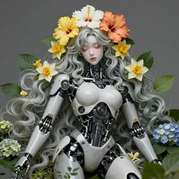 a beautiful fine art RPG portrait photo of a resting cyberpunk gigeresque robot, spread out wavy hair covered by by hibiscus, daffodils, hydrangea, montsera leaves, soft studio lighting, 50mm lens, very detailed, bionic, robotic, deep depth of field, artstation, 4K