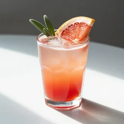 sunlight shining through a red and pink gradient drink with grapefruit wedges and sage in hexagonal glass on a white table.