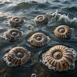 bubbles in cresting oil slick waves, ammonites, art nouveau, organic rippling spirals, photorealistic hyperdetailed ultrasharp octane render, art forms from nature by ernst haeckel