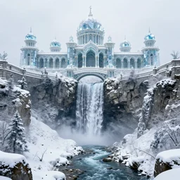 a gigantic PALACE made of CRYSTAL stone with arches and bridge on top of a WATERFALL in the SNOW , blizzard,  a small stream runs beneath the waterfall, landscape, raphael lacoste, eddie mendoza, alex ross, concept art, matte painting, highly detailed, rule of thirds, dynamic lighting, cinematic, detailed, denoised, centerd