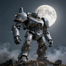 a very big grey giant mechanical weapons battle armor mechwarrior on a hill top, volumetric lighting, dim sky, very big moon, some smoke, a little bit yellow lights, smooth, sharp focus, superior quality, 8 k, cinematic lighting, octane render, wide angle, by bilibin, kuvshinov, malevich and mucha