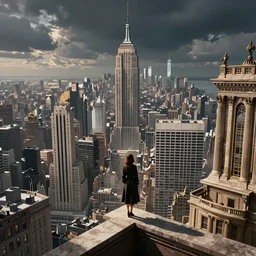 a woman standing on a ledge overlooking an axonometric 1920s New York City, by Rolf Armstrong and Evelyn De Morgan and Bastien Lecouffe-Deharme, dramatic lighting, high contrast colors, baroque, empyrean, panoramic view, as trending on Artstation, highly detailed, cryengine,
