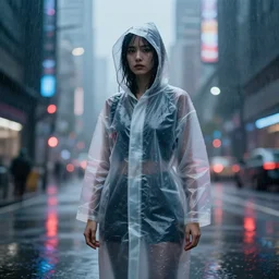 woman in plastic raincoat with hood, rain, cyberpunk, futuristic city, hyper realistic, reflections, rendered in octane 8k
